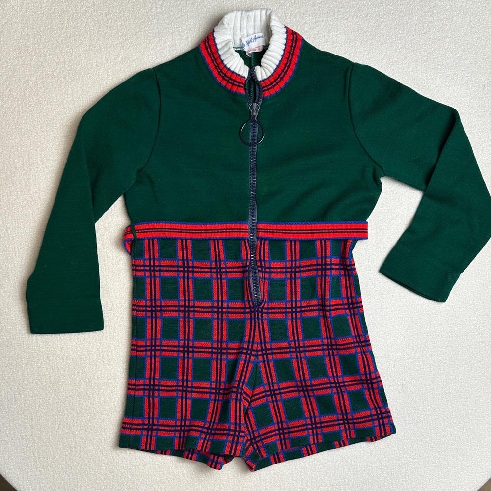 Vintage Saks Jumper | Saks Fifth Avenue Green and Red Plaid Zip One Piece Size 3